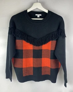 New, BAR III Womens Black Red Buffalo Plaid Fringed 01 Sweater , Size S - Picture 1 of 9