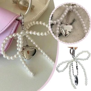 Y2K Fashion Pearl Ribbon Bowknot Keychain Handmade Chain Cell Phone Beaded  B8F3 - Zdjęcie 1 z 10