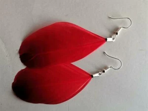 Feather Earrings Dangle Women Jewelry Drop Hook Red Tassel Ear - Picture 1 of 5