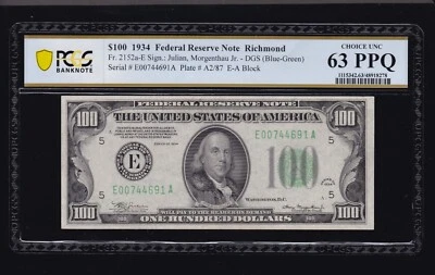 US 1934 $100 FRN Richmond DGS FR 2152a-E PCGS 63 PPQ Ch CU (691) - Image 1 of 2