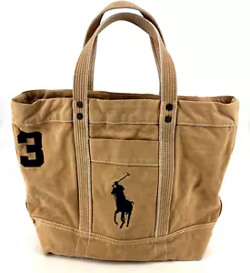 Borsa tote Ralph Lauren POLO VINTAGE logo #3 tela cachi marrone chiaro zip trasporto RARA HTF L - Foto 1 di 18