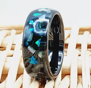 Unique Black Tungsten Proposal Ring – Men's Opal & Abalone Shell Engagement Band - Picture 1 of 7