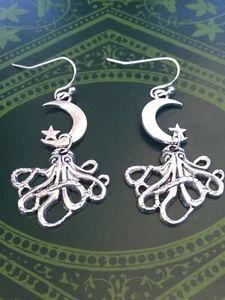 Crescent Moon OCTOPUS Star Earrings Vintage Style Silver Unique Jewelry NEW - Picture 1 of 9