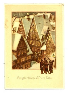 German New Year's 1940 Artist Village Winter Scene Pictured Post Card   - Picture 1 of 2