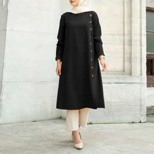 Casual Blouse Women Muslim Long Sleeve Top Solid Color Round Neck Shirt S-3XL - Picture 1 of 28