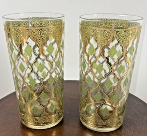 Set 2 Culver Glass Valencia Highball Tumblers 22K Gold Green Diamond Vintage MCM - Picture 1 of 7