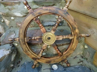 Large Mango Wood Ships wheel 24"  Wooden & Brass - Nautical maritime Home Decor - Image 1 of 4