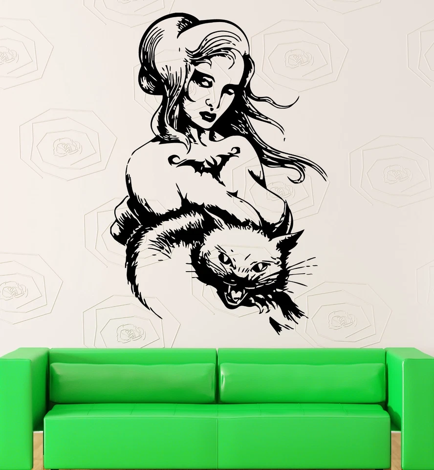 Pegatinas de pared calcomanía de vinilo chica sexy caliente que con gato negro decoración fresca (z2192) Foto 1 de 3