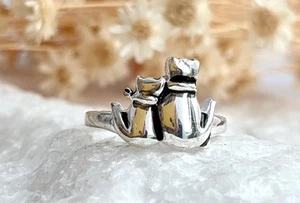 Handgeschnitzter Vintage-Bandring Zwillingskätzchen Katze poliert Sterlingsilber - Größe 6 - Bild 1 von 14