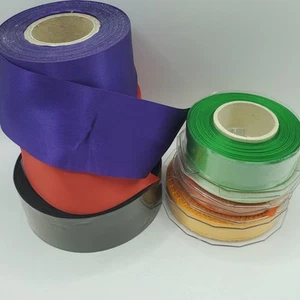 Ribbon Job Lot 7 Reels 150m+ Orange Red Green Black Orange Purple Craft Card New - Picture 1 of 15