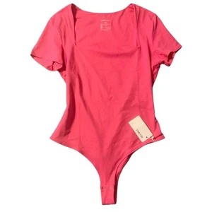 REORIA Bodysuit XL Hot Pink Square Neck Double Lined Short Sleeve BarbieCore NWT - Picture 1 of 11