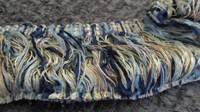 New 2" Wide 2 Shades of Blue, Green & Gold Brush Fringe Fabric Trim 1.75 Yards - Image 1 of 3