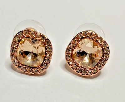Givenchy Rose Gold Tone Cushion Crystal Halo Stud Earrings Signed New - Image 1 of 4
