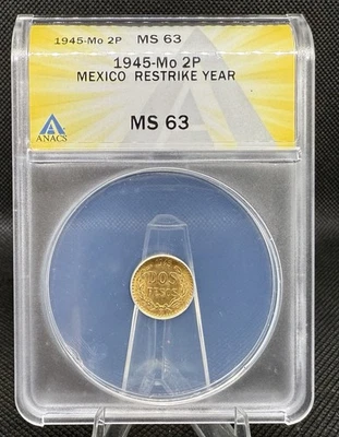 Dos Pesos Oro 1945-Mo ANACS MS63 México Sin Circular Sin Comentarios Foto 1 de 2
