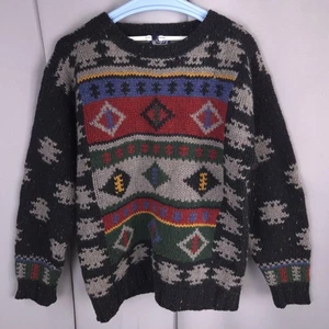 Woolrich Sweater Mens Medium Black Multicolor 100% Wool Aztec Knit Crewneck - Picture 1 of 15
