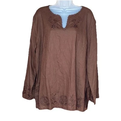 Blusa High Sierra Para Mujer XL Marrón Bordado Mezcla de Lino Boho Cottage Fairy Foto 1 de 4