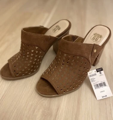 Sandalias de tacón Route 66 para mujer talla 6 marrón punta abierta patrón perforado mula Foto 1 de 4