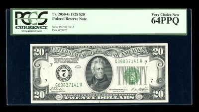 DBR 1928 $20 FRN Chicago Numeral Fr. 2050-G PCGS 64 PPQ Serial G09837141A - Image 1 of 2