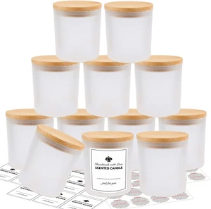 12 Pack Glass Candle Jars-10Oz Frosted Empty Candle Jars with Bamboo Lids and St - Picture 1 of 12