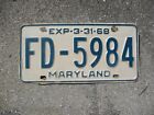 Maryland 1967 / 68 FD license plate  # 5984