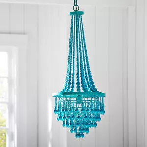 Pottery Barn Teen x Junk Gypsy Beaded Chandelier Turquoise Blue Boho Wood 14x35” - Picture 1 of 11