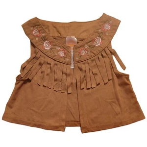 Wonder Nation Girls XS (4/5) Brown Fringed Vest Floral Embroidered Faux Suede - Picture 1 of 4