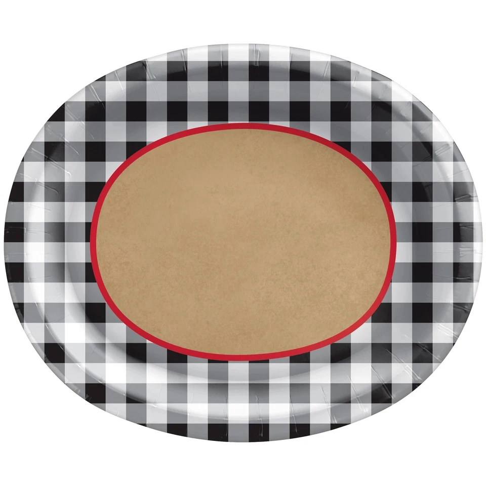 Black Gingham BBQ Picnic Cookout Theme Party 12" x 10" Oval Banquet Plates - Image 1 of 1