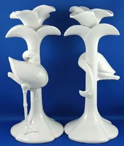 RARE Retro 1980's FITZ & FLOYD JAPAN Flamingos PORCELAIN Candle Holders Pair AUS - Picture 1 of 12