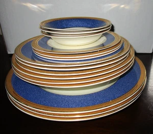 LOT SET 15 Crown Ducal England GALWAY 5055 Cobalt Blue Speckle Gold Rim Plates - Picture 1 of 18