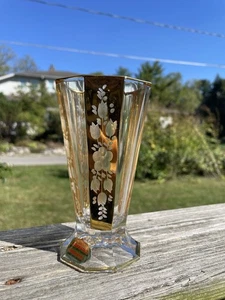 Knechtel Moosbach Hand-Cut Crystal Gold Gilded Floral Art Deco Footed Vase 5.5”H - Picture 1 of 9