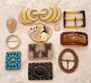 Vtg Lot Of 10 Women's Belt Buckles, Metals, Lucite, Rhinestone, Boho Art to Wear - Picture 1 of 10