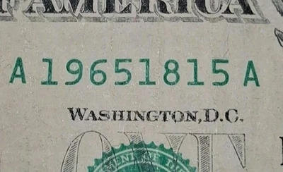 1965 Birthday/Anniversary Year $1 One  Dollar Bill Fancy Serial Number - Image 1 of 3