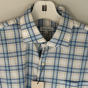 Peter Millar Shirt Crown Lite Men L white Blue Plaid Long sleeve Cotton Nylon - Picture 1 of 11