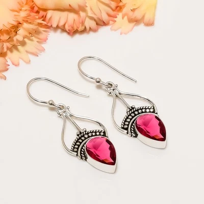 Pendiente de novia de plata esterlina 925 maciza con piedras preciosas de turmalina rubelita rosa V1502 Foto 1 de 4