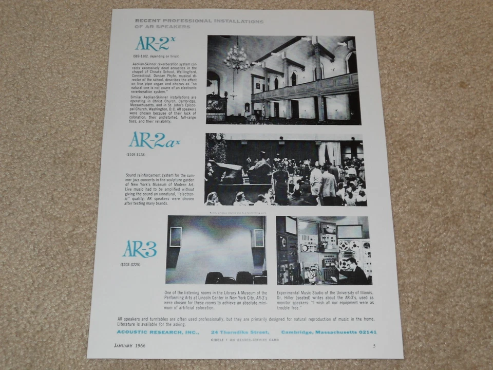 Anuncio de altavoz Acoustic Research, AR-2x, AR-2ax, AR-3, 1 página, 1966, artículos, información Foto 1 de 1