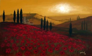 Tuscan Landscape I by pollard Red Poppies 6x10 signed print Italy sunset - Picture 1 of 3