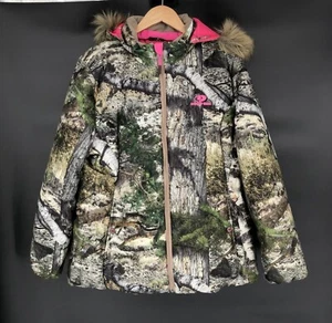 Mossy Oak Girls Camo Hooded Coat 2XL Green Pink Faux Fur Trim Hunting Jacket - Picture 1 of 8