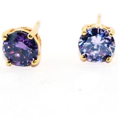 New Yellow Gold Filled 4 Prong Lattice Box Set 7mm Round Purple CZ Stud Earrings - Image 1 of 2