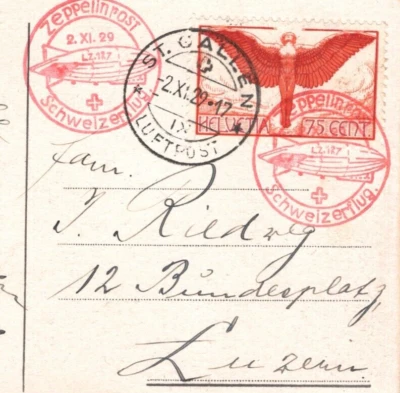SWITZERLAND Card 1929 GRAF ZEPPELIN Air Mail 75c Angel SCHWEIZERFLUG Cachet KZ52 - Image 1 of 4