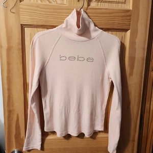 bebe Rhinestone Logo Long Sleeve Mini Rib Turtleneck Sz L VTG Late 90's/2000's - Picture 1 of 15
