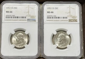 1951-D Washington Silver Quarter 25c NGC MS66 Lot Of 2 Bu Gem Uncirculated - Picture 1 of 2