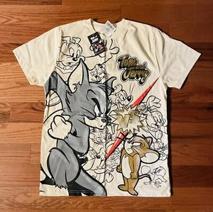 Tom and Jerry Full Size All Over Graphic Kids Size Medium Shirt Cream - Picture 1 of 3
