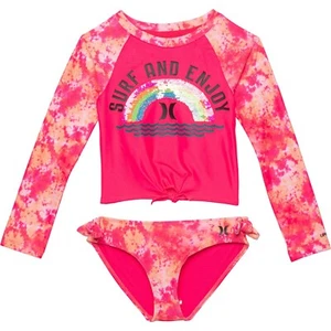 Hurley Little Girls 6X Long Sleeve 2 Pc Rash Guard Tankini Swimsuit Pink Knotted - Picture 1 of 2