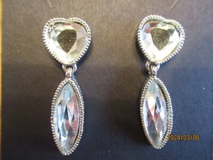 Pretty Silver/Clear, Heart/Oval Shaped Drop Earrings, Pre Loved, New Backs - Picture 1 of 6