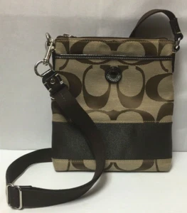 Coach Signature Stripe Swing Pack Crossbody Purse Khaki Brown  EUC! - Picture 1 of 10