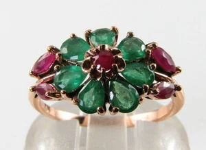 9K 9CT ROSE GOLD INDIAN RUBY & COLOMBIAN EMERALD ART DECO INS CLUSTER RING - Picture 1 of 5