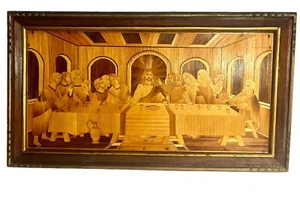 Vtg wood Last Supper marquetry inlaid Life of Christ Christian wall art 27” - Picture 1 of 14