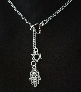 Silver Love Heart Hexagon star of David hamsa hand protection Lariat Necklace - Picture 1 of 2