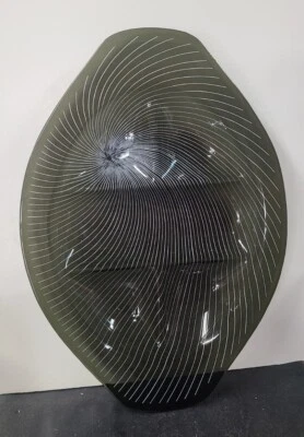 Vintage Lausitzer Glas Kristall 60s Op Art Serving Tray Glass Smokey Black White - Image 1 of 4