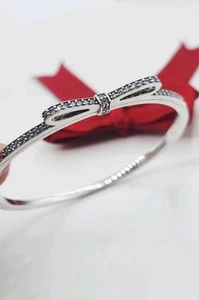 Pandora Sparkling CZ Dainty Bow Bangle Size 1 #590536 Sterling Silver Genuine - Picture 1 of 9